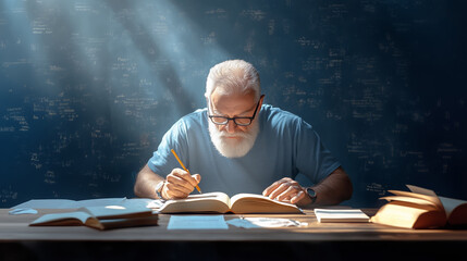 Senior man studying at desk under soft natural light