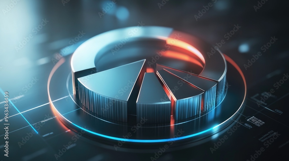 Poster a futuristic 3d pie chart with metallic textures, showing precise data segments in a visually engagi