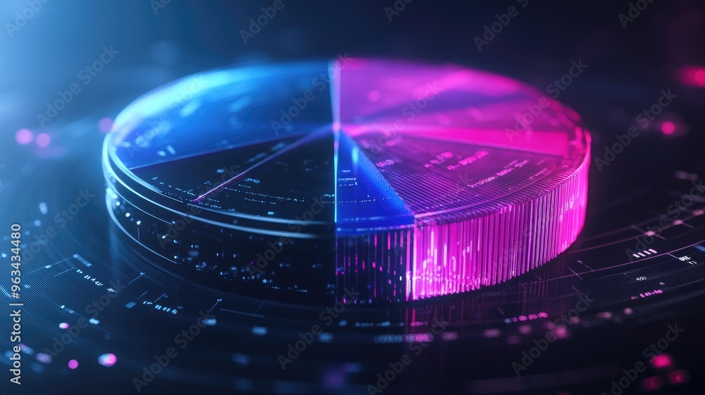 Poster a futuristic 3d pie chart with metallic textures, showing precise data segments in a visually engagi