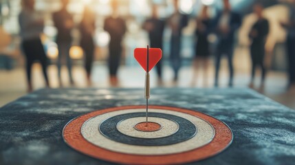A dart hitting the center of a target with a blurred business team standing in the background, symbolizing precision, teamwork, and achieving goals, business team achieving success target.