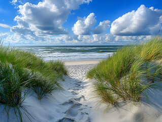 Sandy Path through Lush Beachgrass to the Ocean Photo