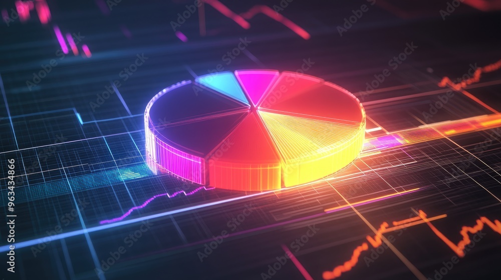 Poster a glowing 3d pie chart with highlighted segments, emerging from a digital grid, perfect for showcasi