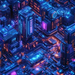 Abstract digital cityscape with glowing neon lights