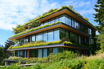 Obraz premium Modern building with eco-friendly features Green Roof and Sustainability Concept