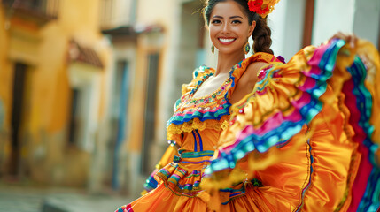 Fototapeta premium Graceful Mexican woman dancing in a colorful traditional dress at a vibrant fiesta 