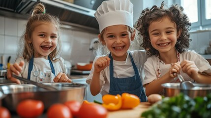 Diverse children cooking together in school kitchen competition teamwork and creativity in action, Class room activity.