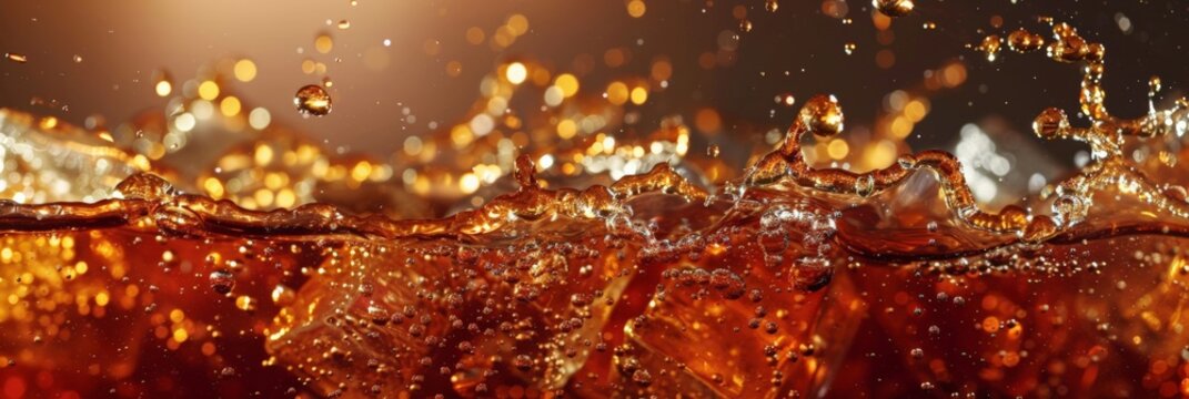 Pouring of Cola and Ice Cola soda and ice splashing fizzing or floating up to top of surface Close up of ice in cola water Texture of carbonate drink with bubbles in glass Cold drink background 
