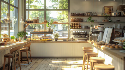 Beautifully designed bistro cafe interior with clean white counter and wooden chairs morning sunlight
