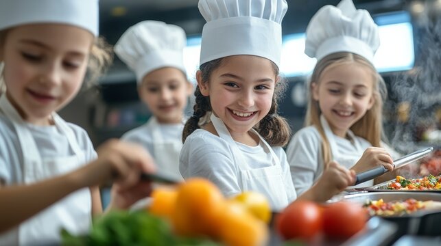 Diverse children cooking together in school kitchen competition teamwork and creativity in action, Class room activity.