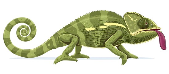 Fototapeta premium Chameleon with tongue hanging out close-up on a white background. Copy space.
