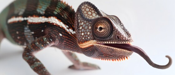 Obraz premium Chameleon with tongue hanging out close-up on a white background. Copy space.