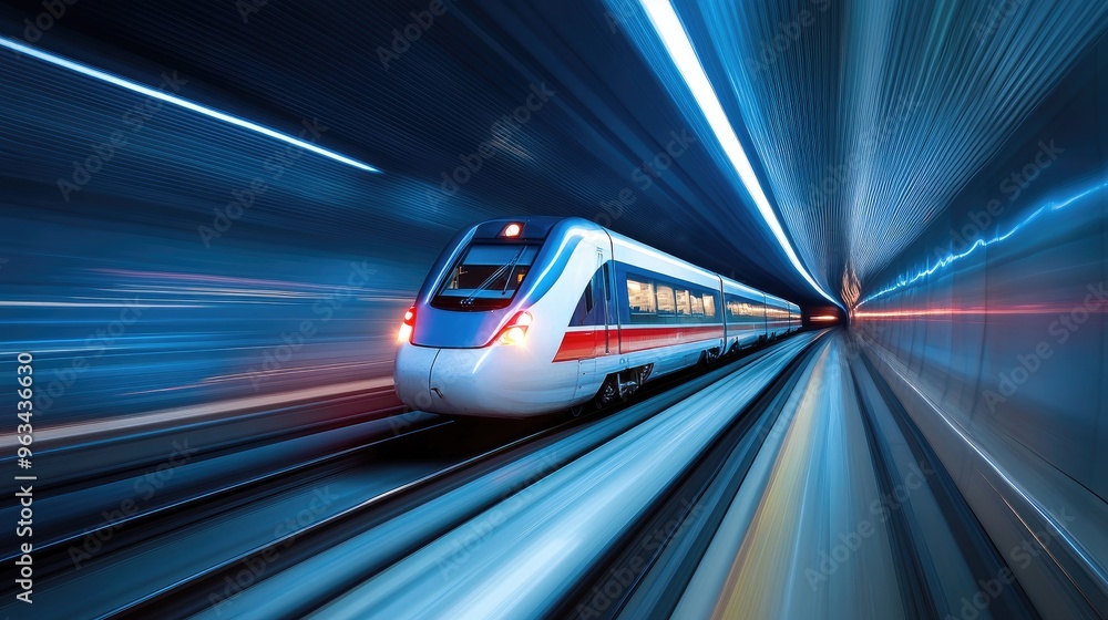 Poster a high-speed train traveling through a tunnel, with motion blur effects capturing the swift movement