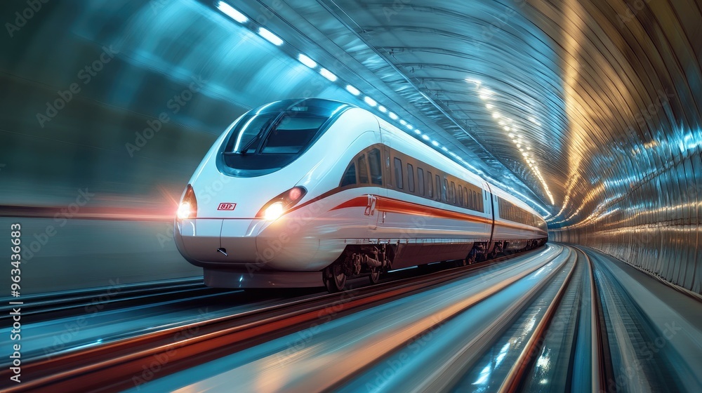 Poster a high-speed train traveling through a tunnel, with motion blur effects capturing the swift movement