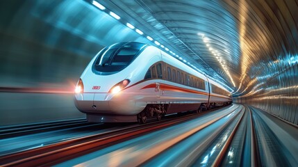 Fototapeta premium A high-speed train traveling through a tunnel, with motion blur effects capturing the swift movement and sleek design of the train.