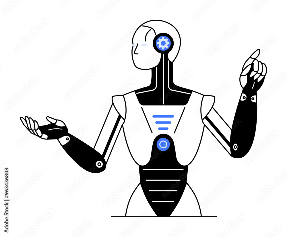 Poster humanoid robot with raised arms, visible gears and circuits, black and white with blue highlights. t