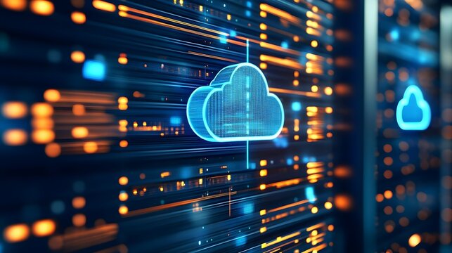 Futuristic cloud computing concept with glowing data streams and digital elements for technology and networking themes.