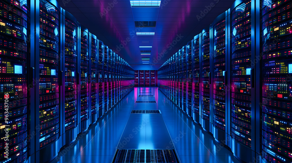 Aufkleber big data center technology warehous with servers information digitalization starts. saas, cloud comp