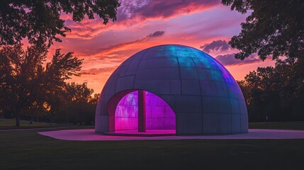 Obraz premium A concrete dome structure in a public park, lit by multicolored LEDs with vivid video projections, as the sun sets in the background