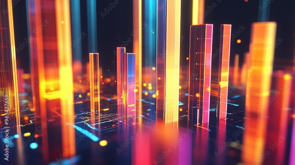 Poster a modern 3d bar chart with glowing bars of varying heights, representing sales data and market trend