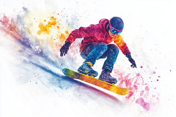 Dynamic snowboarder carving through colorful powder in a winter wonderland landscape during a sunny day