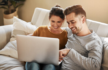 Couple, relax and laptop on sofa for website, streaming and family video call in home. Man, happy...
