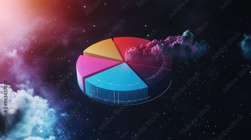 Poster a modern 3d pie chart floating in space, each segment highlighted in different colors, showcasing de