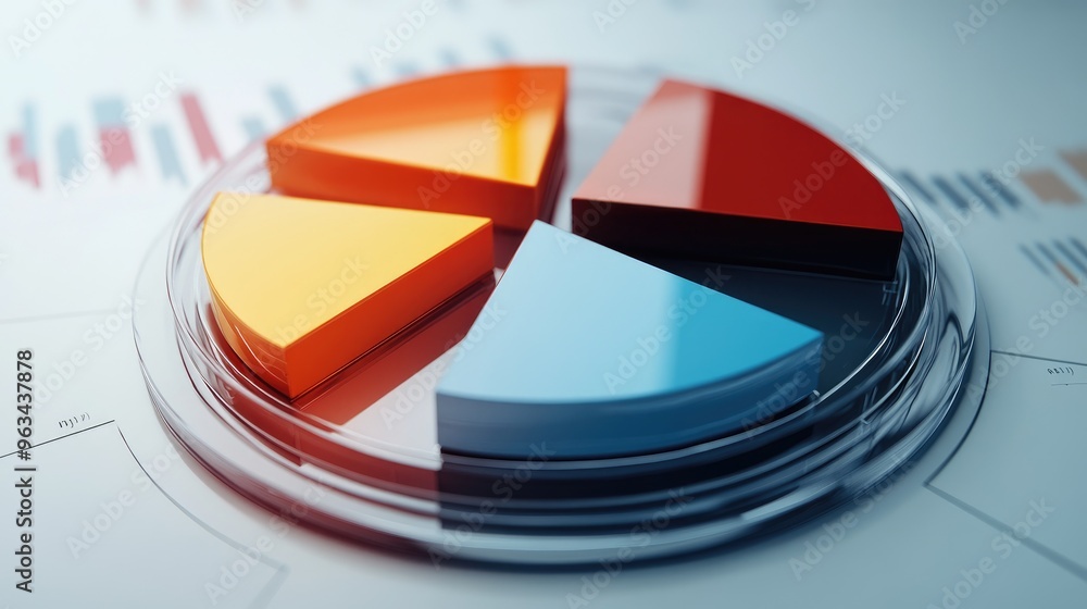 Poster a modern 3d pie chart with transparent slices, rotating to reveal different sections of business dat