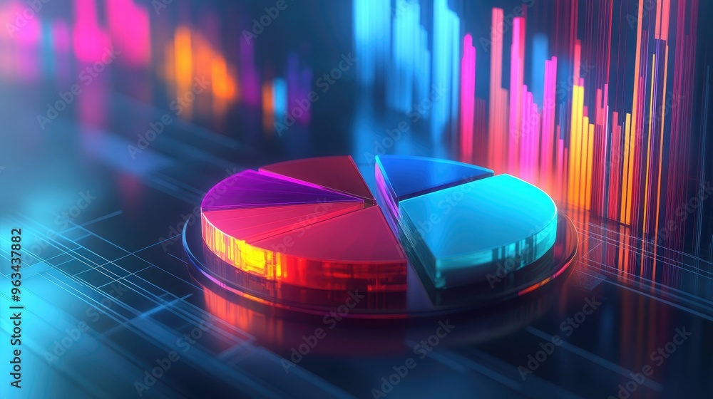 Poster a modern 3d pie chart with transparent slices, rotating to reveal different sections of business dat