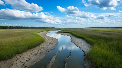 A drying river delta exposing once-lush wetlands, representing the loss of crucial ecosystems and the impact of reduced freshwater availability due to climate shifts.