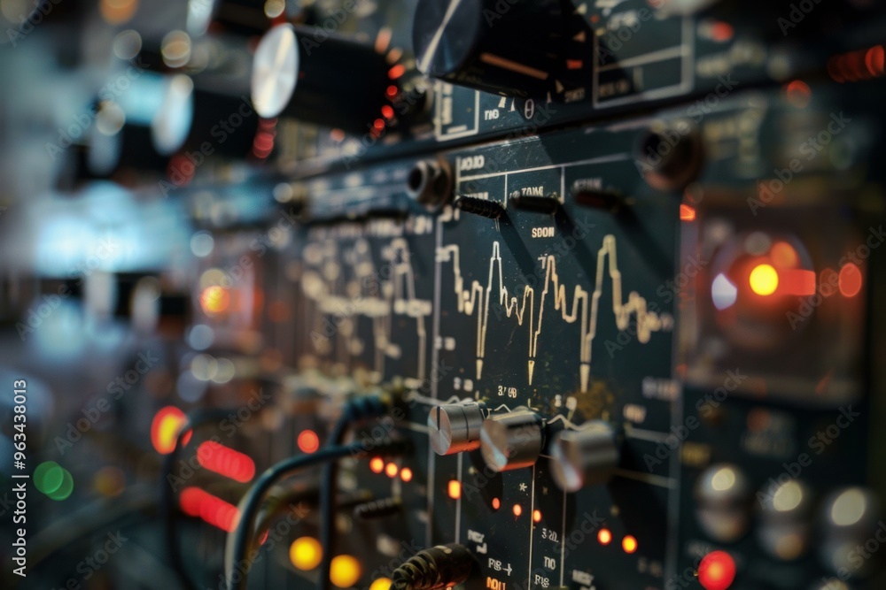 Poster close up of a control panel with illuminated buttons, switches, and knobs, displaying a signal graph