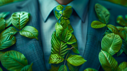 Businessman in a suit wears a tie made of green leaves, symbolizing environmental consciousness. promotes sustainability Ideal for eco-conscious and sustainable business themes 