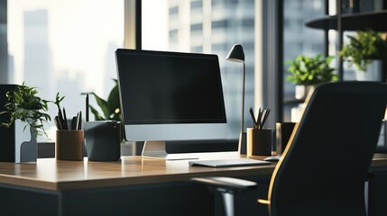 A modern office space with a sleek desk, ergonomic chair, and high-tech gadgets, representing a contemporary business environment.