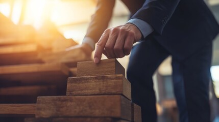 A business leader hand stacking wooden blocks, symbolizing building success, growth, and strategic development in business.