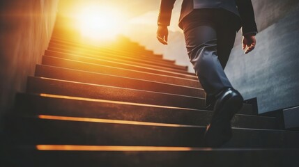 A business leader ascending a staircase toward a bright light, symbolizing success and progress.