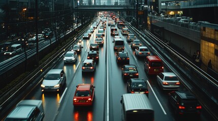 A panoramic shot of a crowded road with heavy traffic and long queues, capturing the chaos of peak travel times.