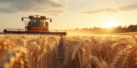 Golden wheat fields being harvested at sunset, combines in action, with dramatic golden hour light 