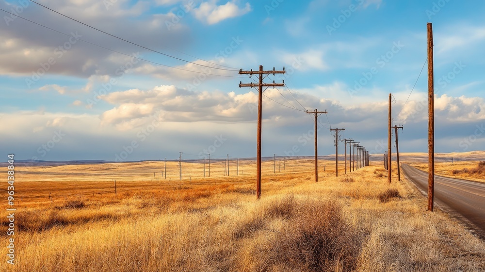 Poster a panoramic view of a rural landscape with multiple electric poles lined up along a road, showcasing