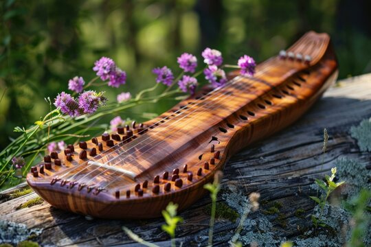 The finnish stringed instrument kantele is laying on a mossy log with purple wildflowers in the background