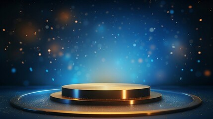 A luxurious awards ceremony with a glowing gold podium in the center. The blue backdrop is dotted with shimmering particles, evoking elegance and prestige, perfect for a high-end award event.