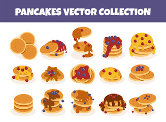 Various pancakes vector illustration set