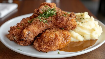 A plate of crispy fried chicken with a side of mashed potatoes and gravy, highlighting the crunchy texture and rich flavors.