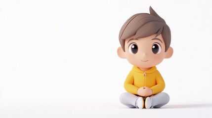 A cute animated boy sits cross-legged, smiling, wearing a yellow hoodie against a white background.
