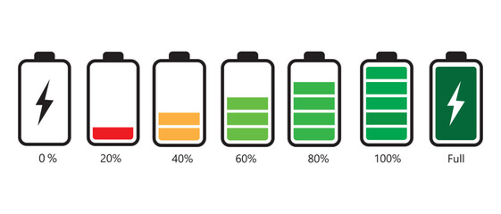 Battery charging indicator icon in white background. Fully charged and discharged battery in 0 to 100 % level  icon. Vector illustration.
