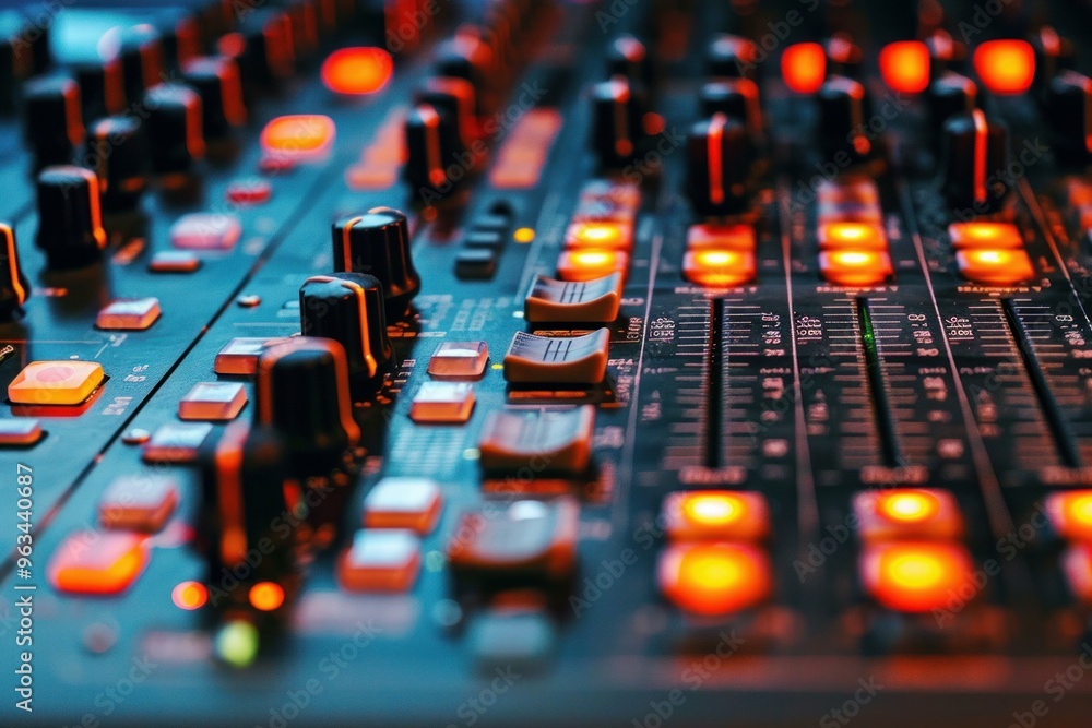 Poster professional audio mixing console with illuminated faders and knobs for adjusting sound levels and f