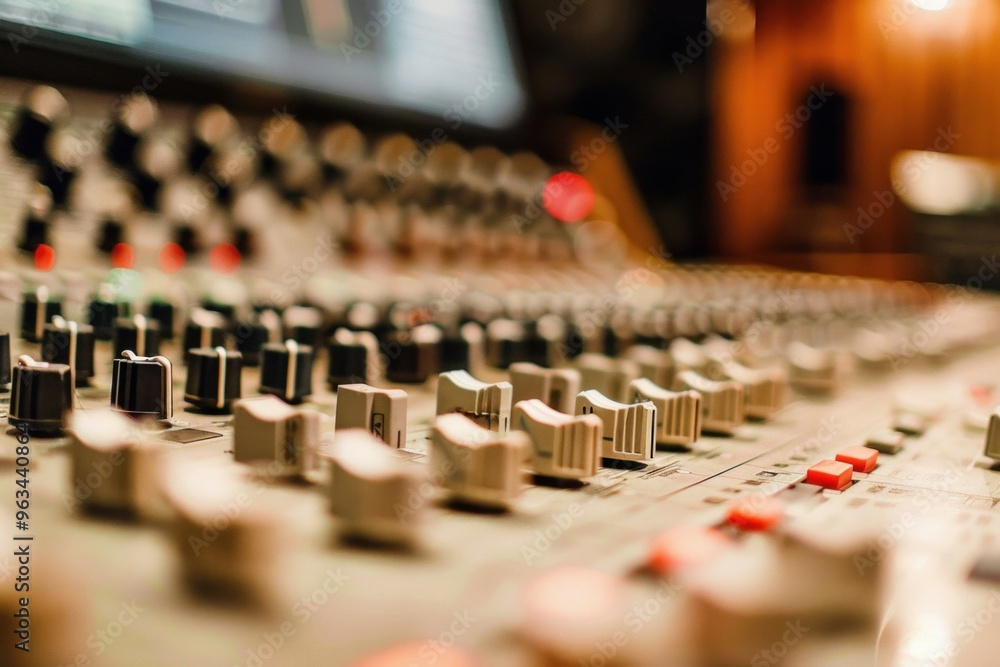 Poster audio mixer is shown with its faders and knobs, ready for a music producer to create a new song