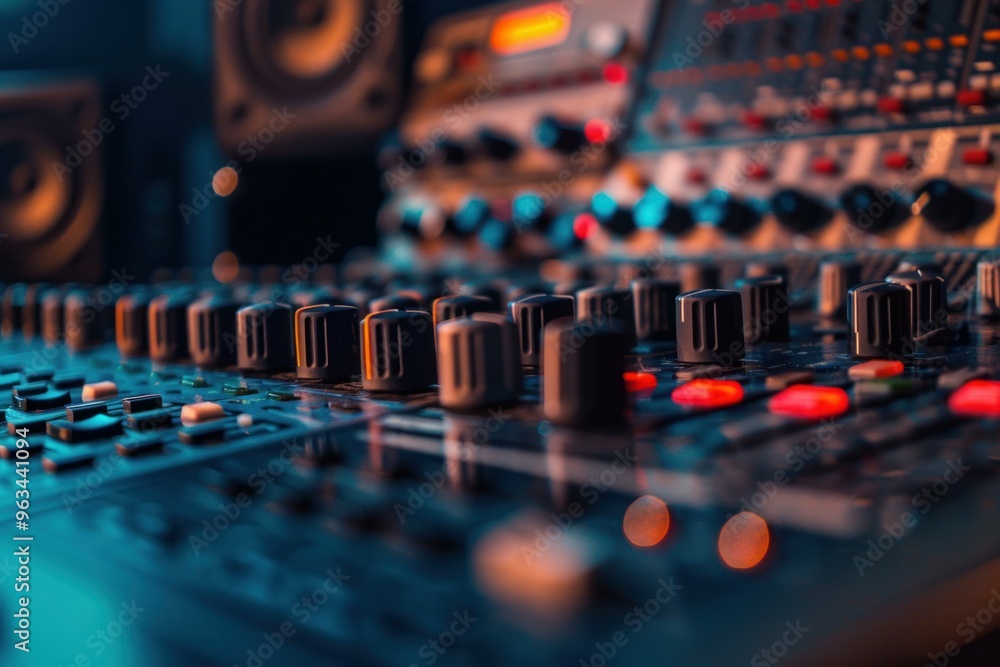 Poster professional audio mixer with many buttons and knobs is waiting to be used for adjusting sound