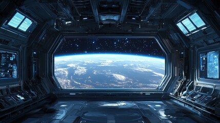Futuristic Space Station Observation Deck Overlooking Stunning Cosmic Panorama