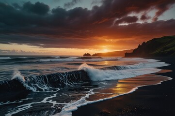 Fototapeta premium Dramatic Black Sand Beach with Ocean Waves Natural Coastal Landscape at Sunrise Ai Generated