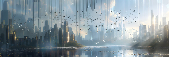 Floating Skyscrapers: A Surreal Skyline Blending Fantasy and Reality Above a River