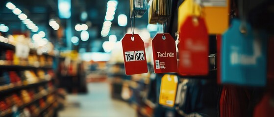 Obraz premium Close-up of colorful 'big sale' tags hanging in a retail store aisle with blurred background. Perfect for shopping and discount-related themes.